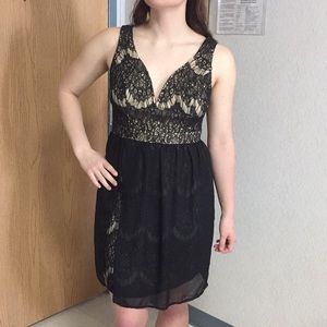 Black & Tan Lace with Mesh Overlay Open Back Dress